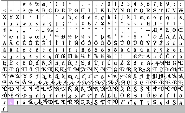 Complete character set for BookmanJF Roman