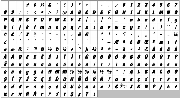 Complete character set for Sansational Heavy Italic
